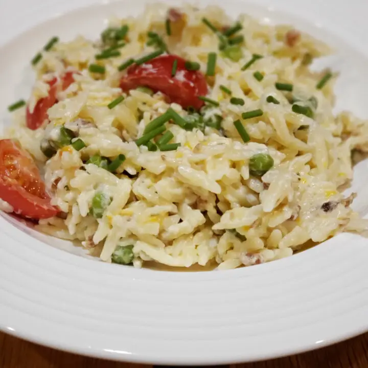 Bacon Ranch Orzo Salad in a White Bowl