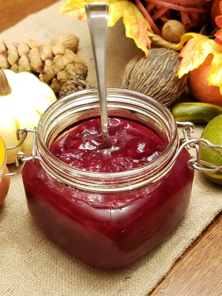 Jar of cranberry sauce with spoon sticking out. Fall goards, leaves and pinecones in the background.
