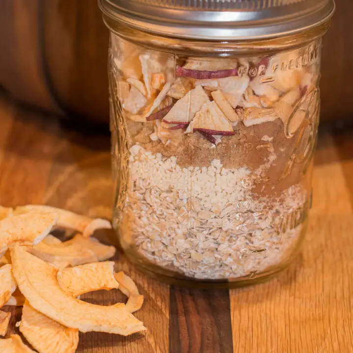 Apple Pie Instant Oatmeal Jar with dried apples next to it