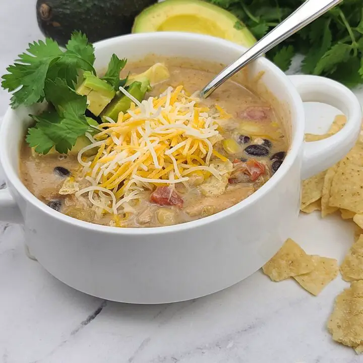 White bowl of Green Chile Enchilada Soup with a spoon sticking out. Topped with shredded cheese, diced avocado, and cilantro. In the background is broken tortilla chips, avocados, and cilantro